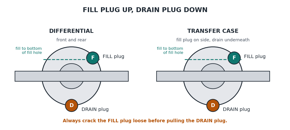 Diagram showing fill plug and drain plug positions on the differential and transfer case