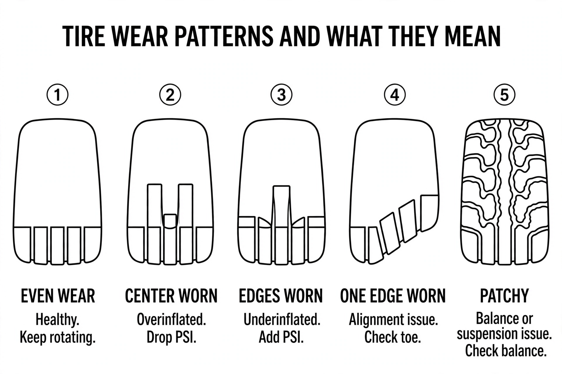 Tire wear patterns: even wear, center worn, edges worn, one edge worn, patchy or cupped
