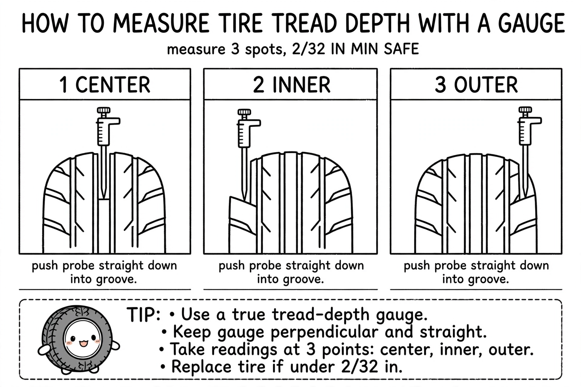 How to measure tread depth with a gauge: center, inner edge, outer edge