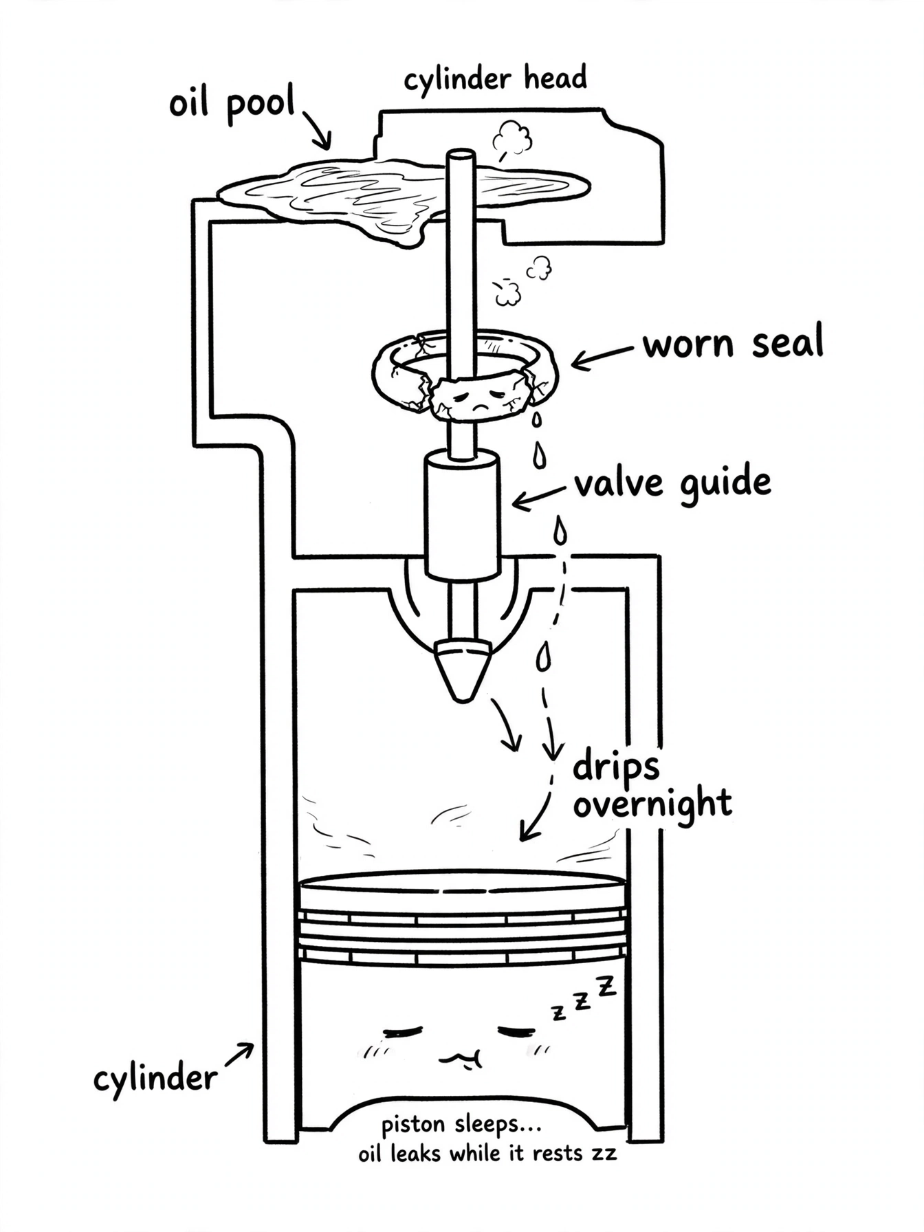 Cross-section showing oil dripping past a worn valve stem seal overnight