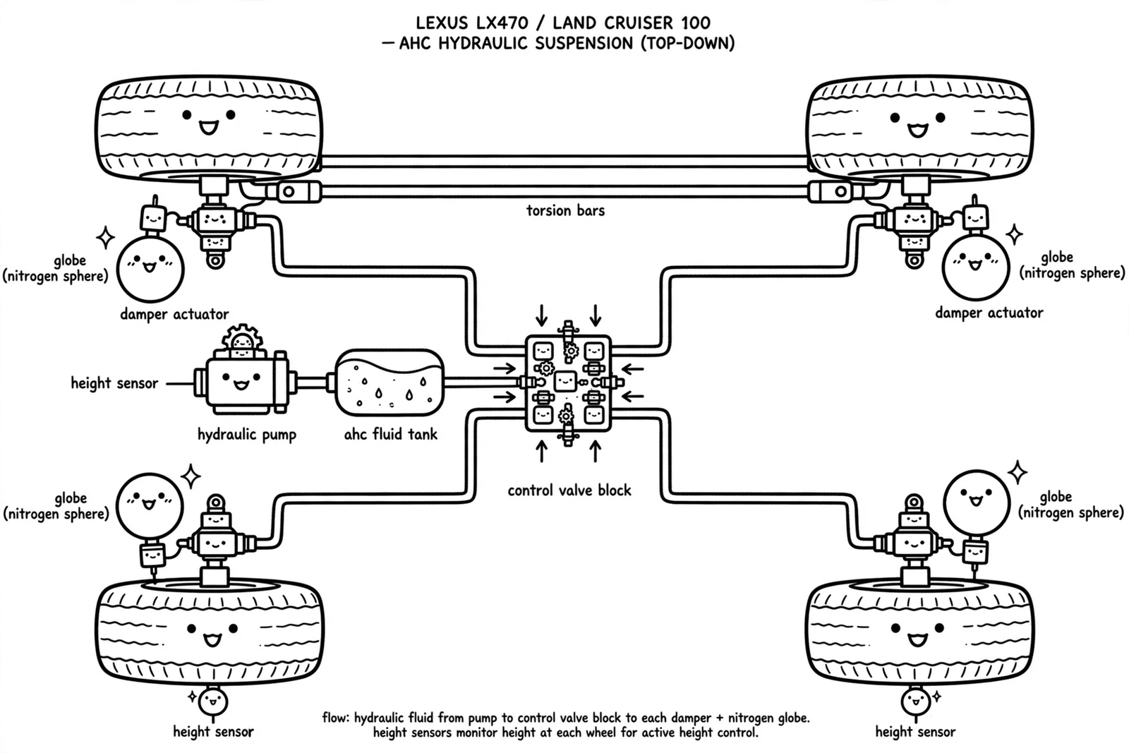 Schematic of the AHC hydraulic system: pump, fluid tank, four damper actuators with nitrogen globes, torsion bars, and height sensors