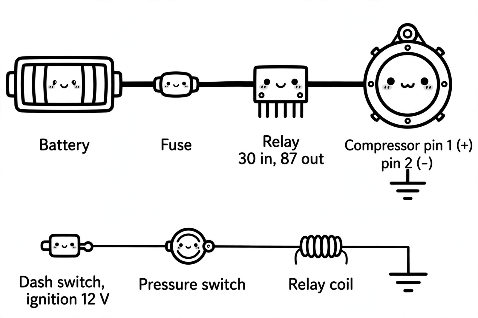 Wiring for a manual switch and relay to run the GX470 factory air compressor independently of the ECU, with the heavy circuit on top and the ignition-switched coil circuit with the pressure switch in series below
