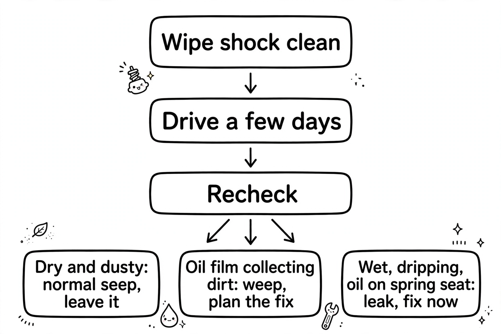 Flowchart: wipe the shock clean, recheck after a few days, classify as seep, weep, or leak, and decide whether to keep driving or plan the fix