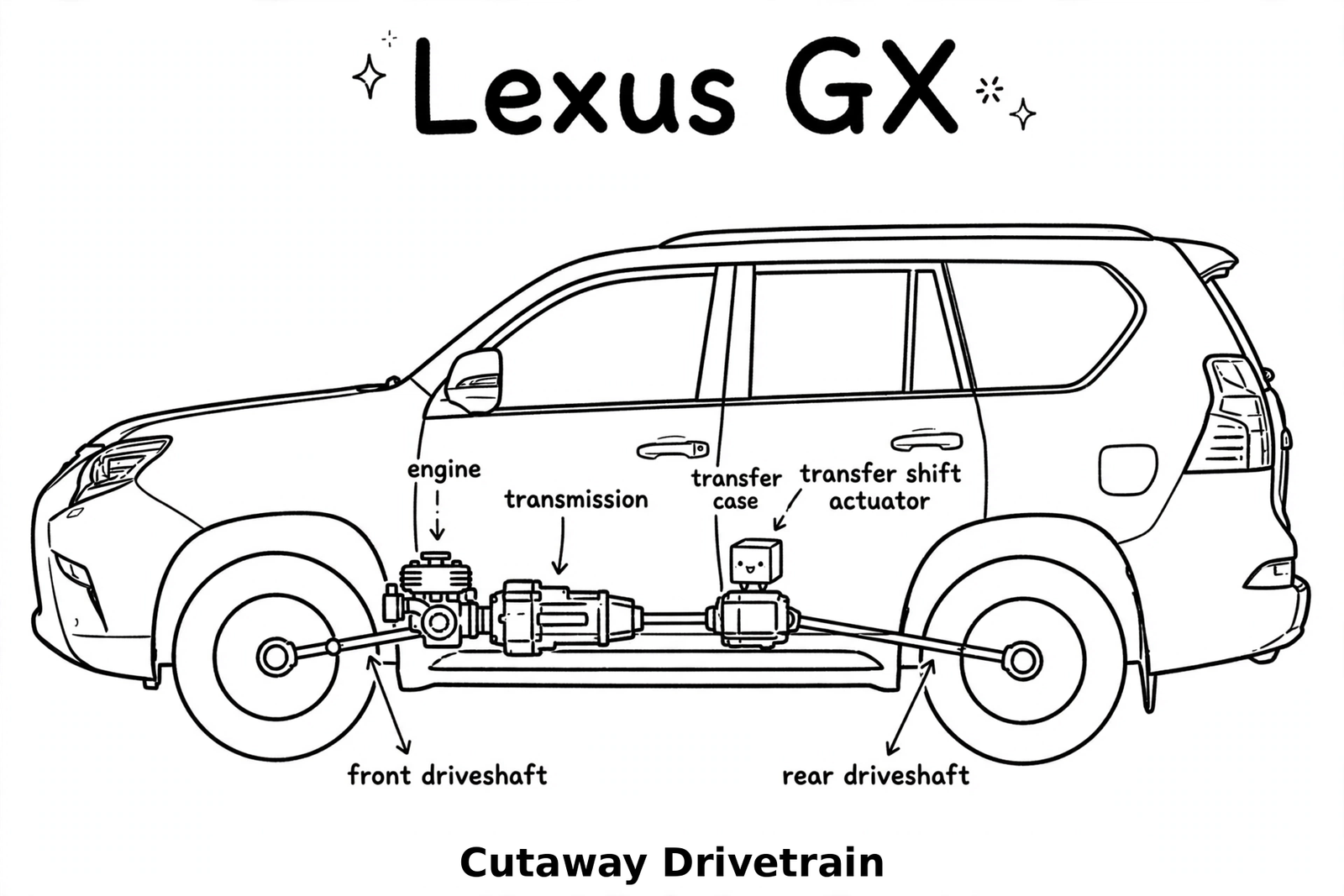 Cutaway side view showing the transfer shift actuator mounted on the transfer case under the middle of the GX