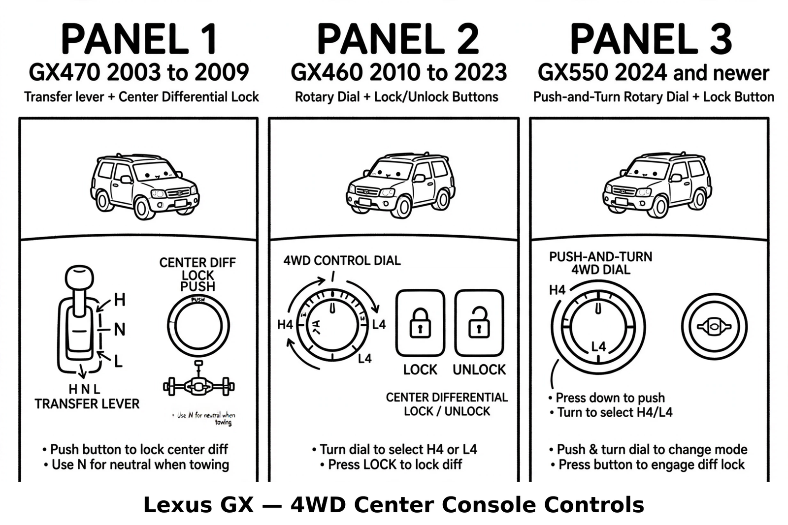 Center console 4WD controls by generation: GX470 lever and button, GX460 dial and button, GX550 push-and-turn dial and button