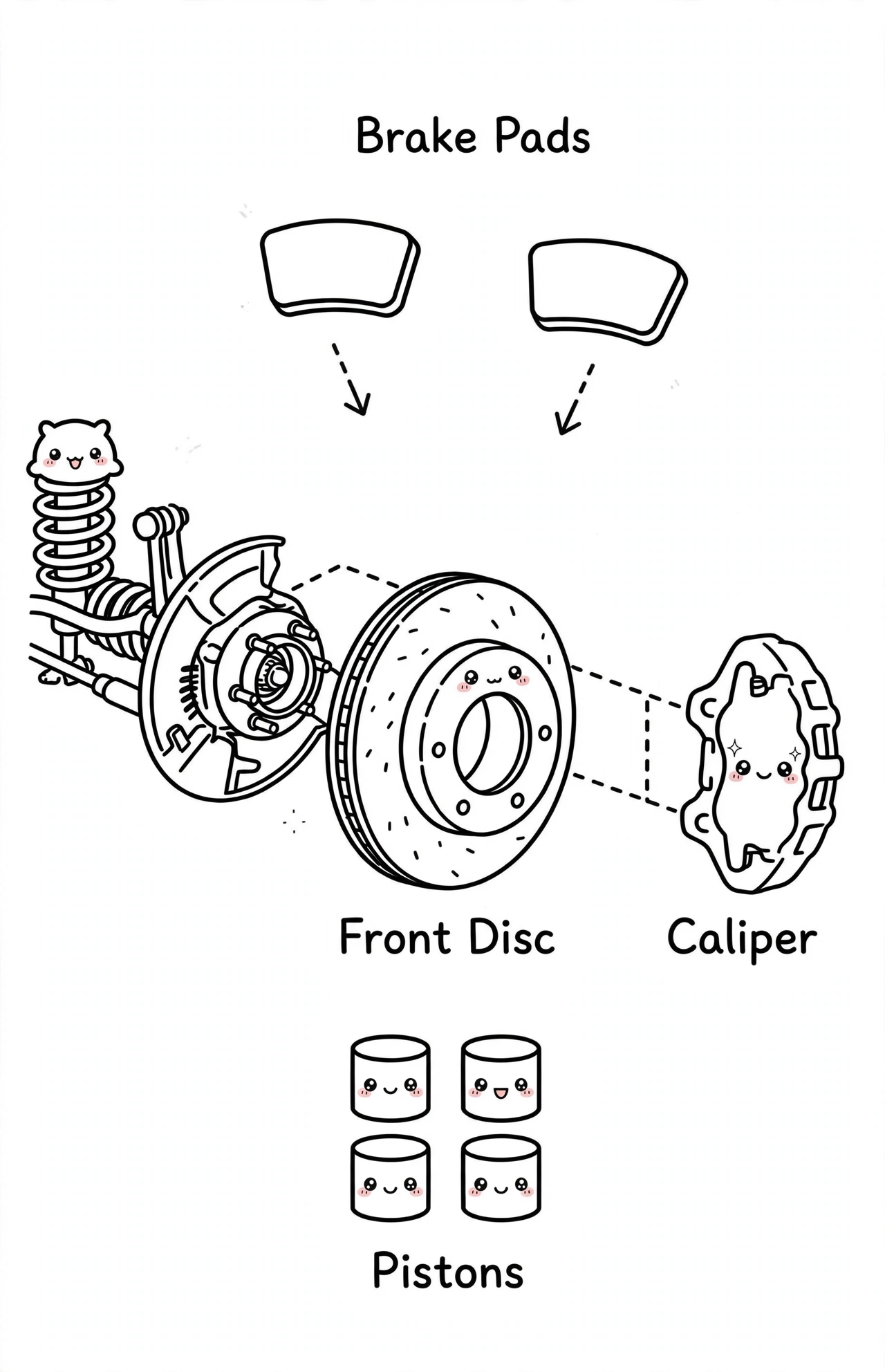 Exploded view of the GX460 front brake assembly redrawn from the factory service manual: steering knuckle and hub, front disc, fixed four-piston caliper, brake pads, and pistons