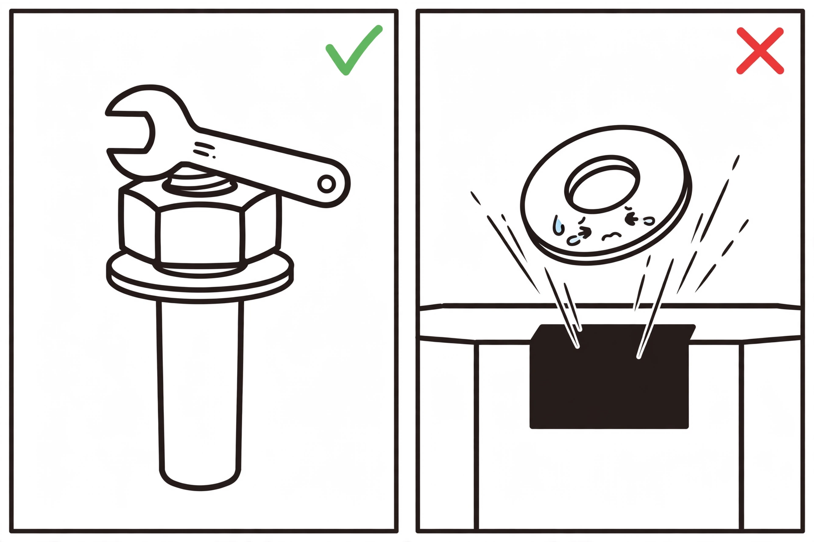 Two-panel diagram: a plate washer correctly seated on a cylinder head bolt versus a dropped washer falling through an opening in the head toward the oil pan