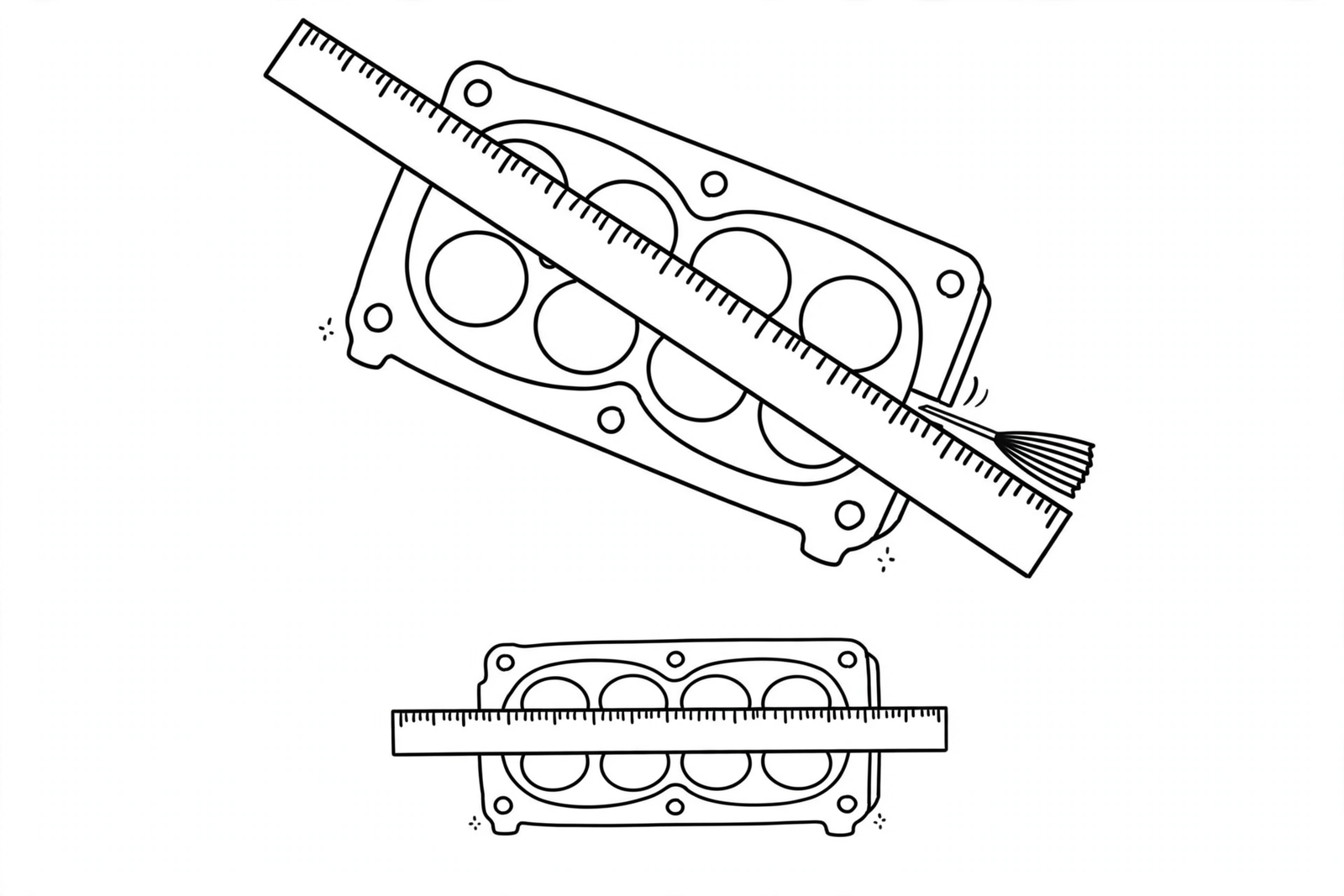 Diagram of a cylinder head deck being checked with a precision straightedge and feeler gauge, diagonal and lengthwise