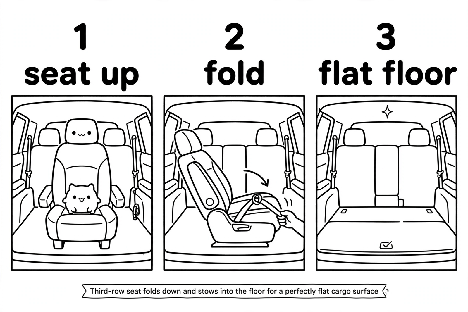 Three-panel diagram of the GX550 third row stowing into the floor: seat upright, head restraint and seatback folding, cushion dropped into the floor leaving a flat cargo floor